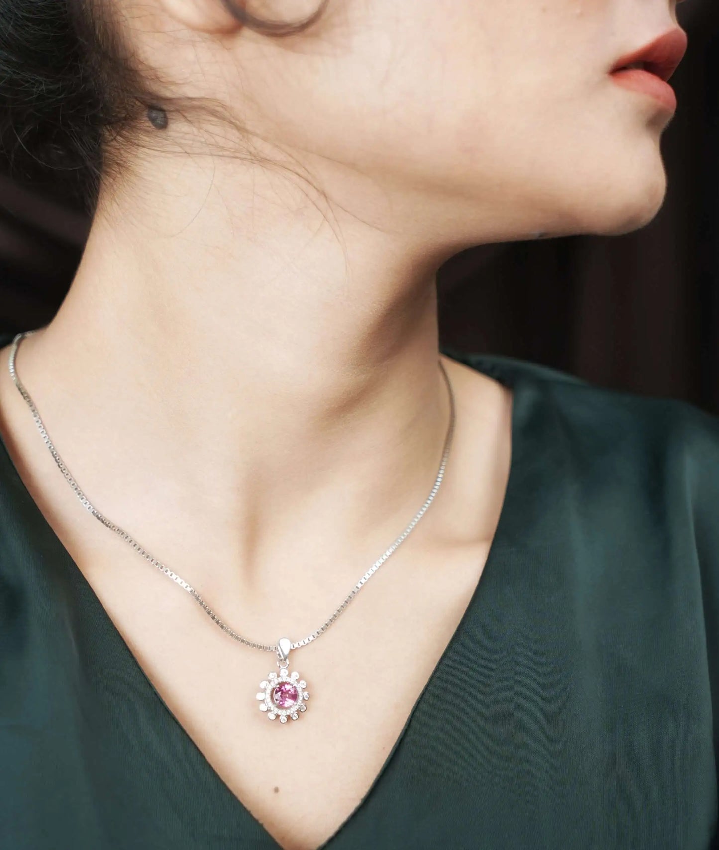 Silver Diamond Purple Stone Chain Pendant