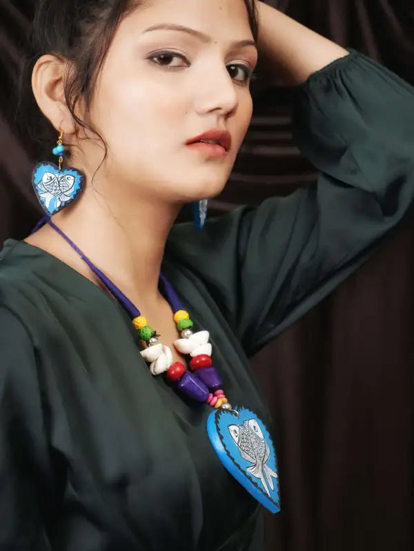 Heart Fish Wooden Handmade Nacklace With Earrings