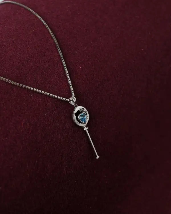 Silver Heart key Sky blue Stone Chain Pendant
