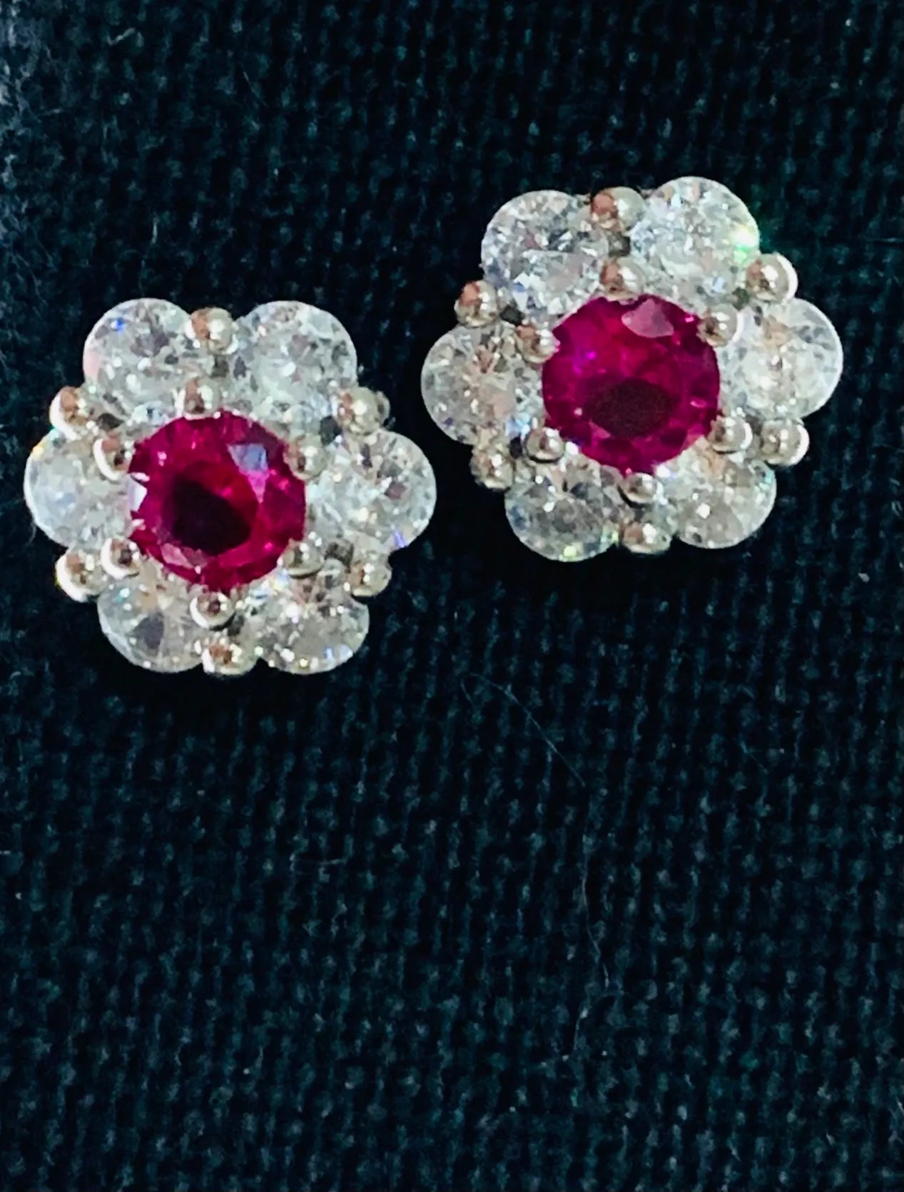 Silver Diamond With Burgundy Stones Earrings