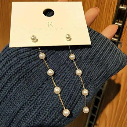 Silver Needle Long Retro Pearl Drop Earrings