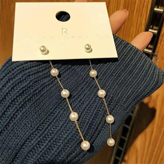 Silver Needle Long Retro Pearl Drop Earrings