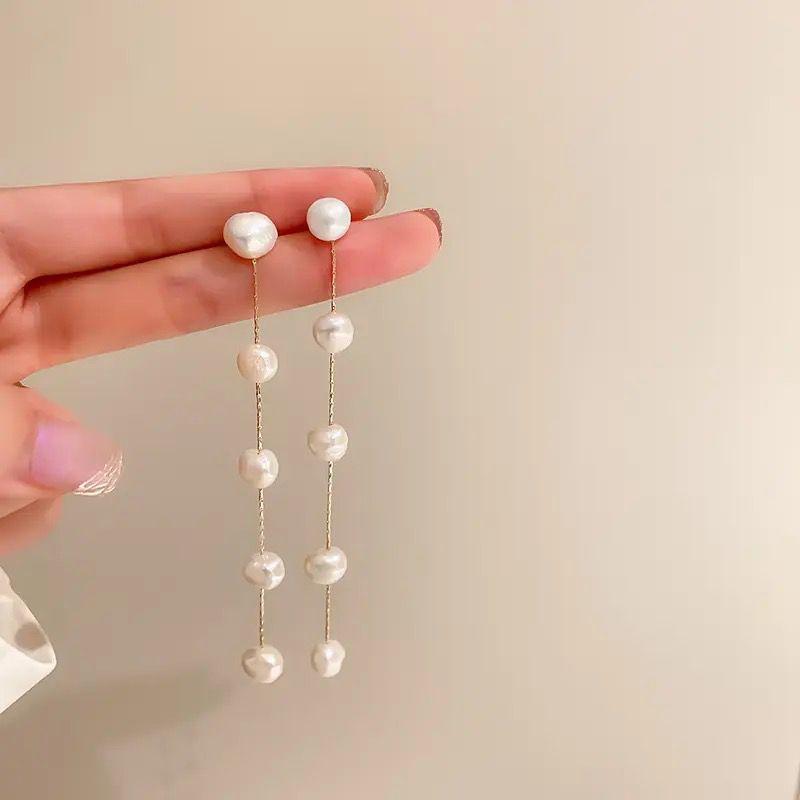 Silver Needle Long Retro Pearl Drop Earrings