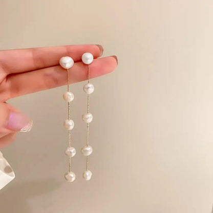 Silver Needle Long Retro Pearl Drop Earrings