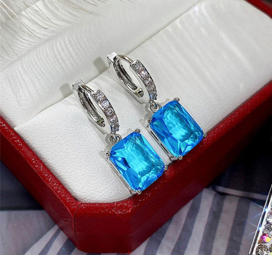 Blue Crystal Drop Hoop Earrings