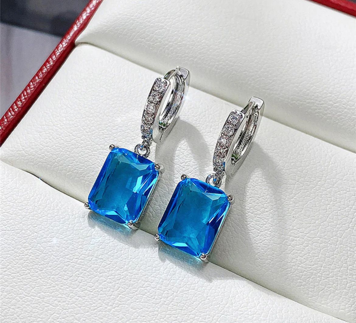 Blue Crystal Drop Hoop Earrings