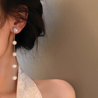 Silver Needle Long Retro Pearl Drop Earrings