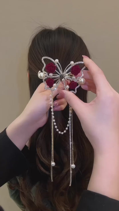 Embellished Rose Butterfly Hair Barrette