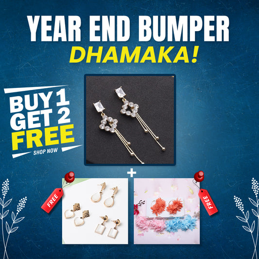 Buy 1 Gold Floral Design Earring & Get 2 Free(1 Dainty Dangler & 1 Fabric Leaf Earring)