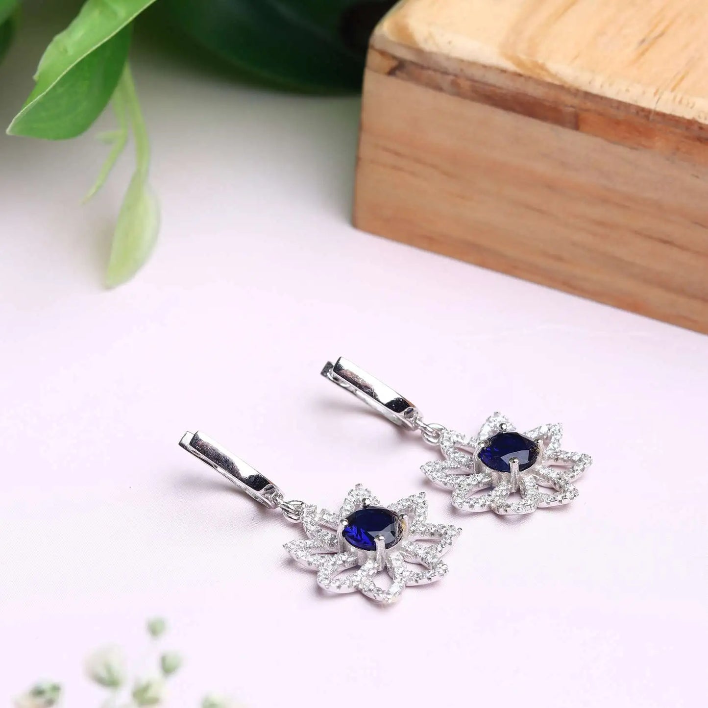 Silver Royal Blue Earrings Embellished with Rhinestones