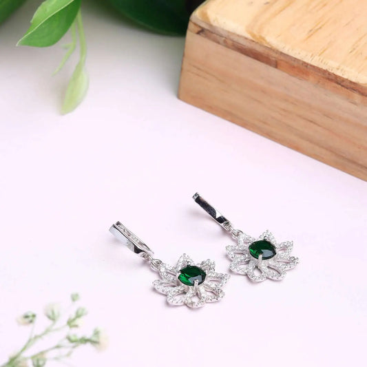 Silver Emerald Green Earrings Embellished with Rhinestones