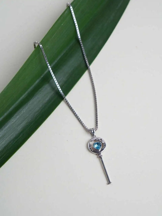 Silver Heart key Sky blue Stone Chain Pendant