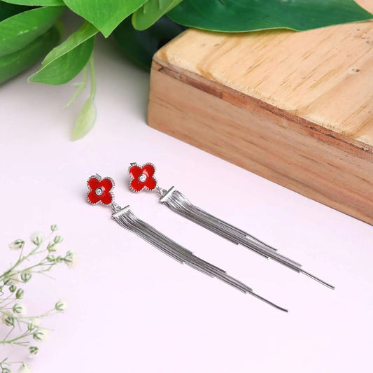 Silver Red Flower Dangle Earrings