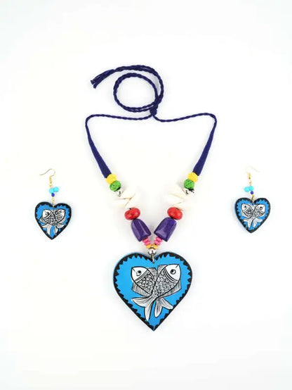 Heart Fish Wooden Handmade Nacklace With Earrings