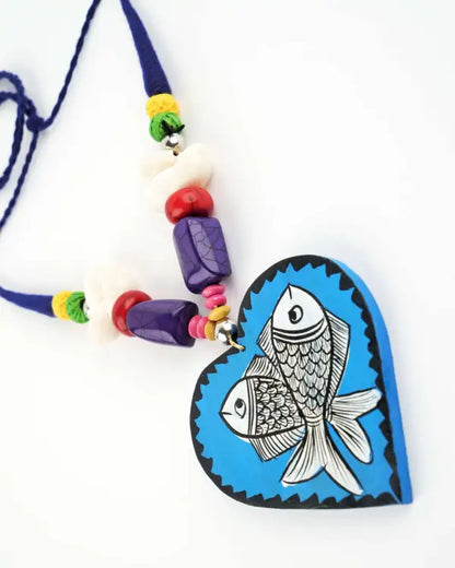 Heart Fish Wooden Handmade Nacklace With Earrings