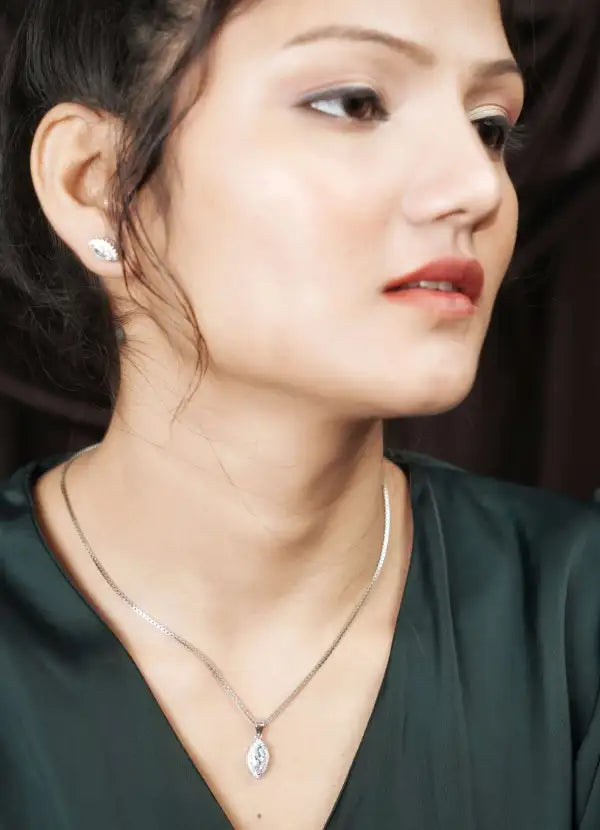 Silver White Drop Chain Pendant With Earrings