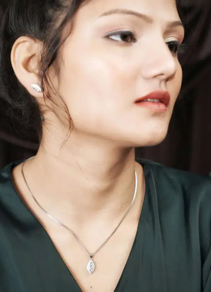 Silver White Drop Chain Pendant With Earrings