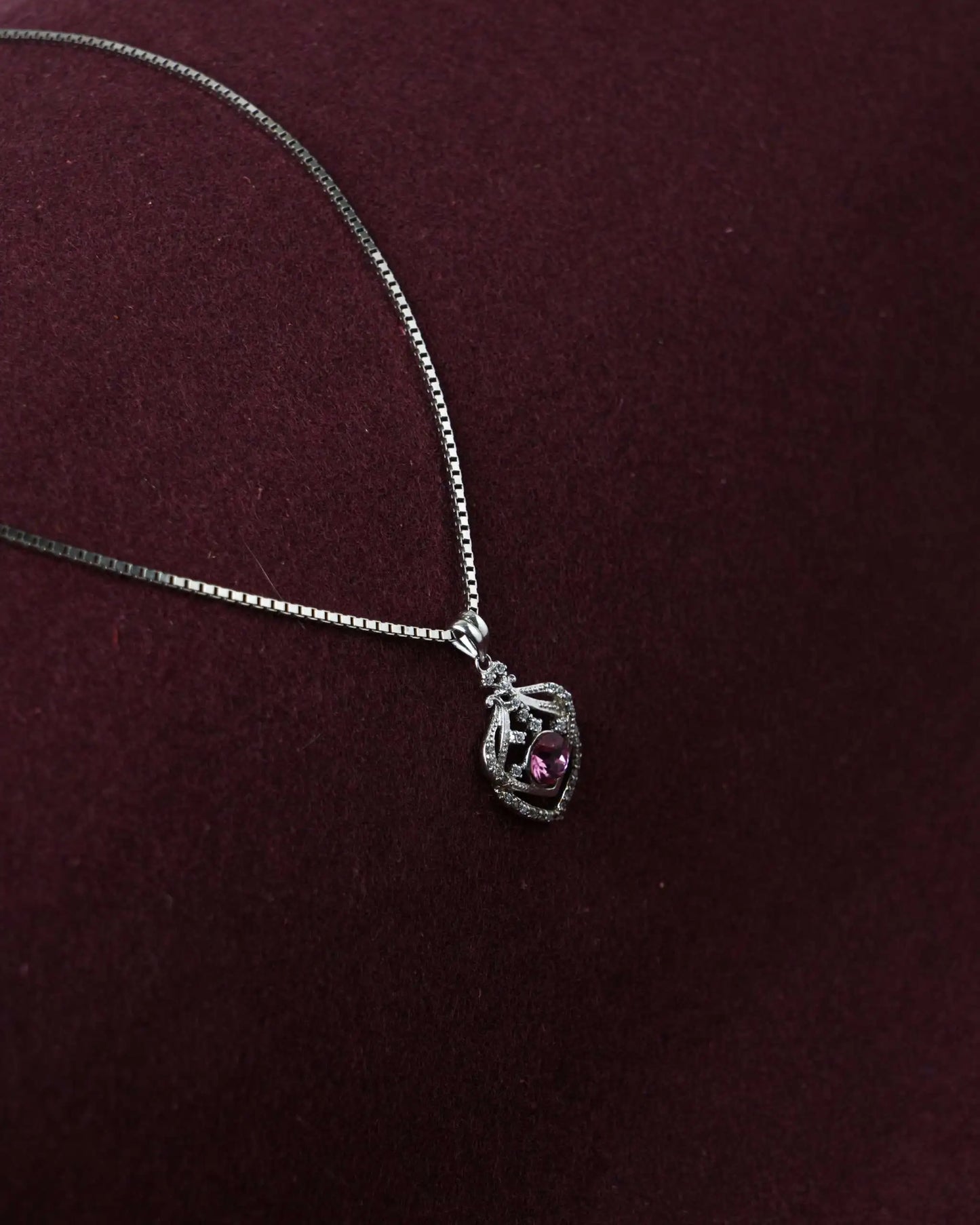 Silver Diamond Leaf Purple Stone Chain Pendant