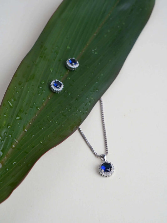 Silver Blue Stone Chain Pendant With Earrings