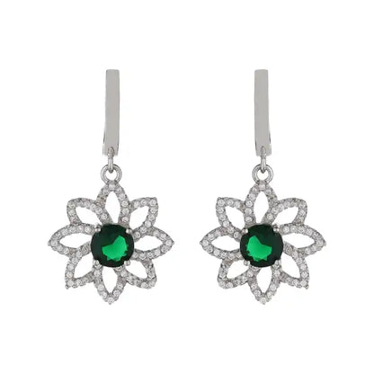 Silver Emerald Green Earrings Embellished with Rhinestones