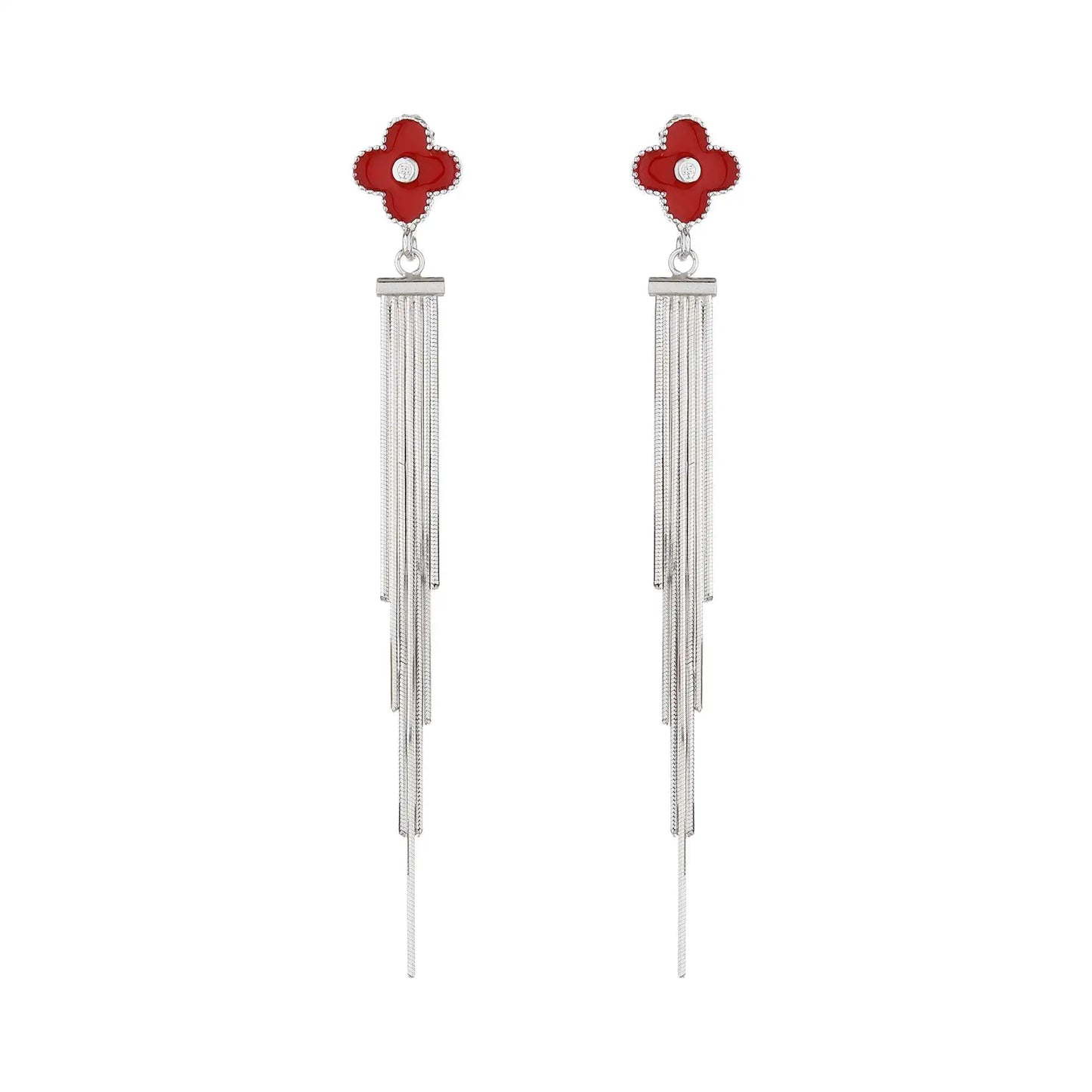 Silver Red Flower Dangle Earrings