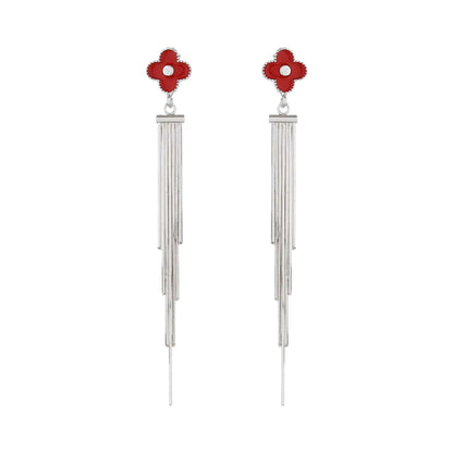 Silver Red Flower Dangle Earrings