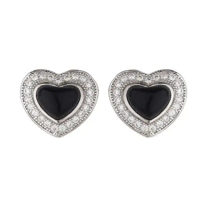 Silver Black Heart Studded Earrings